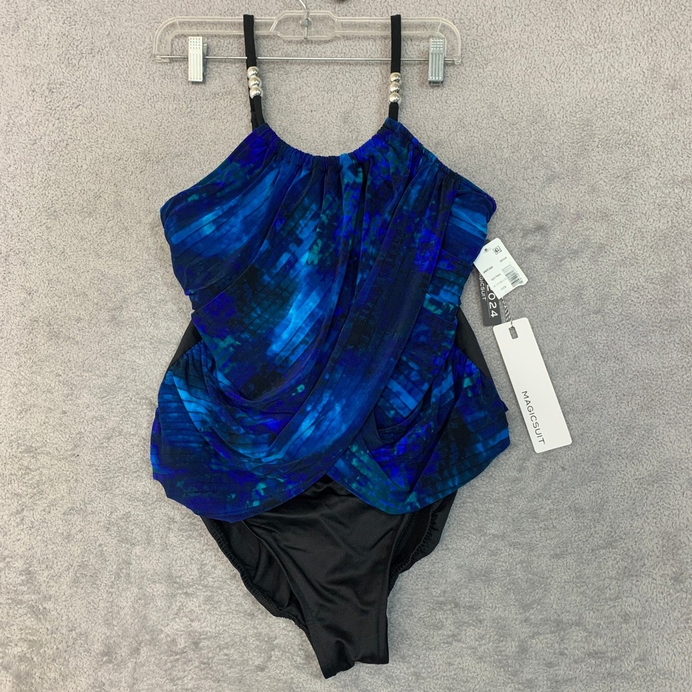NWT Magicsuit One Piece Swimsuit Women's 16 Blue Nylon Spandex Drape Front